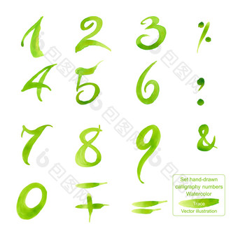 集手绘书法数字和符号水彩跟踪孤立的白色插图集手绘书法数字和符号水彩