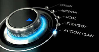 开关按钮与蓝色的光黑色的背景概念上的图像为插图业务<strong>行动计划行动计划</strong>