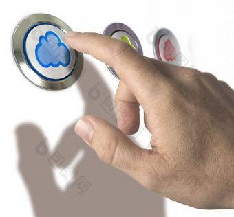 三个云按钮在白色背景与男人。手和手指紧迫的的第一个一个概念上的图像为云计算插图云计算