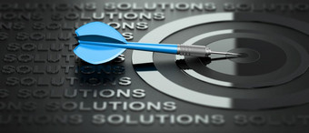 插图圆靶和一个蓝色的飞镖在黑色的背景与的词解决方案写许多次和周围的目标咨询建议概念业务市场营销咨询有创意的解决方案