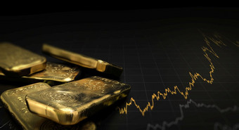 插图黄金锭在黑色的背景与图表金融概念水平图像黄金价格大宗商品投资