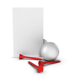 高尔夫球球和红色的t恤在xhite背景和垂直业务卡为沟通广告高尔夫球广告