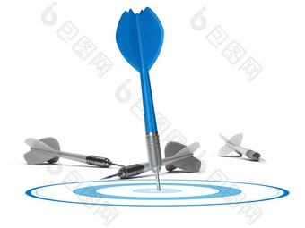 一个目标和许多飞镖的地板上一个蓝色的飞镖支安打的中心的圆渲染概念在白色背景合适的为战略市场营销有竞争力的优势战略管理概念目标和飞镖