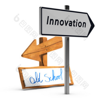 插图两个路迹象与文本老学校和创新在白色背景概念创新业务创新业务
