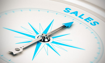 指南针与针指出的词销售白色和蓝色的音调背景图像为插图销售目标销售