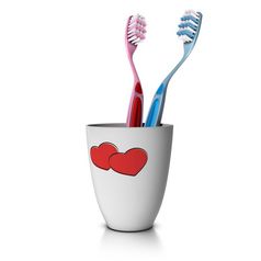 插图牙杯与两个牙刷在白色背景概念爱和夫妇生活在一起夫妇生活在一起