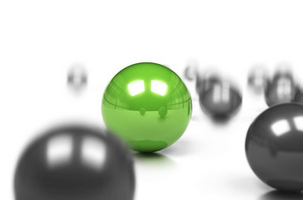 有竞争力的边缘和业务区别概念许多灰色球和一个绿色sph到白色背景与运<strong>动效</strong>果和模糊独特的不同的绿色业务概念