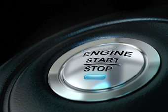 车引擎开始和停止按钮与蓝色的光胜利阵线黑色的变形背景关闭和细节的文本车引擎开始和停止按钮