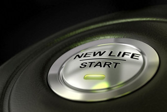 推新生活开始按钮在黑色的背景蓝色的光改变生活概念新生活开始按钮