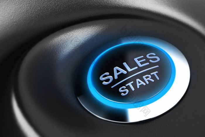销售按钮与蓝色的光渲染在蓝色的和黑色的背景合适的为销售动机和解决方案概念业务按钮销售动机