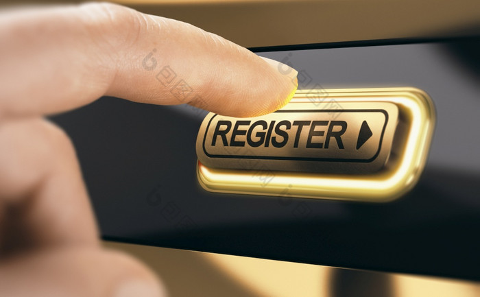手指紧迫的金注册按钮成为新成员组织概念会员登记复合图像之间的手摄影和背景业务会员登记新成员