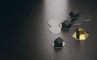 插图房子和金一个在六角形状和黑色的背景与复制空间真正的房地产房子狩猎概念真正的房地产背景搜索为的最好的住房房子狩猎概念