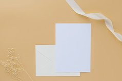 空白问候卡邀请模型信封与干花和丝带纸背景平躺模型
