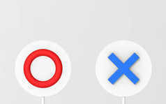 呈现红色的正确的批准和蓝色的错误的交叉标志圆董事会灰色的背景