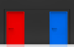 呈现蓝色的和红色的门黑色的水泥墙背景两个选择为选择选择未来概念