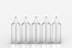 呈现空标签白色透明的液体玻璃瓶行灰色的背景