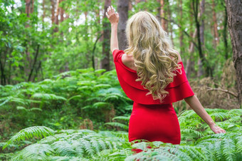 回来视图美丽的金发女郎女孩别致的红色的衣服触碰蕨类植物的仙女森林<strong>大气</strong>神奇的高质量照片回来视图美丽的金发女郎女孩别致的红色的衣服触碰蕨类植物的仙女森林<strong>大气</strong>神奇的