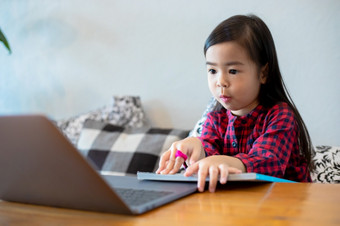 亚洲女孩女儿使用<strong>笔记本电脑</strong>和技术为在线学习在学校假期和看漫画<strong>首页</strong>教育概念和活动的家庭