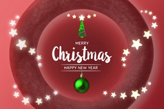快乐圣诞节和快乐新一年概念装饰与明星照明绿色圣诞节球圣诞节树和文本圆红色的颜色背景呈现插图