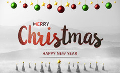 快乐圣诞节和快乐新一年概念装饰与圣诞节球明星树和文本山视图背景冬天季节呈现插图