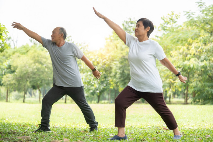 高级夫妇做伸展运动锻炼公园老男人和女人锻