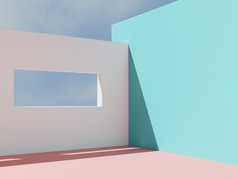呈现最小的建筑产品显示背景与高对比和充满活力的颜色地中海绿松石粉红色的和白色地板上和墙与窗口天空背景