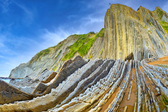 steeply-tilted层<strong>飞翔飞翔</strong>悬崖巴斯克海岸联合国教科文组织全球地质公园欧洲地质公园网络Zumaiaguipuzcoa巴斯克国家西班牙欧洲