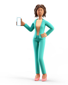 插图站非洲美国女人持有智能手机和显示空白屏幕卡通微笑优雅的女商人指出手电话孤立的白色背景
