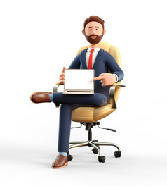 插图快乐微笑商人指出手指空白屏幕移动PC电脑卡通有胡子的男人。工作办公室和坐着辊扶手椅孤立的白色背景