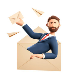 插图卡通男人。巨大的邮政信封持有邮件信飞行纸飞机和微笑商人电子邮件服务社会网络消息接收和发送概念