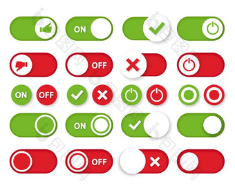 和从<strong>切换</strong>开关按钮集滑块接口绿色和红色的权力图标<strong>切换幻灯片</strong>为网络移动接口向量插图和从<strong>切换</strong>开关按钮集滑块接口绿色和红色的权力图标