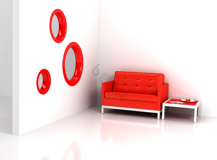 红色的沙发白色地板上电脑生成的图像
