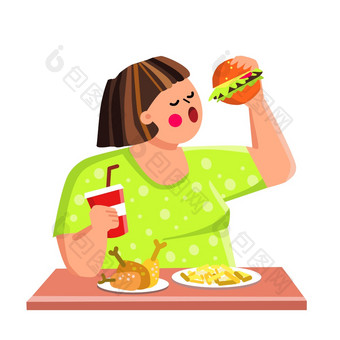 吃习惯女人坏习惯不健康的营养胆固醇糖汉堡<strong>糖尿病</strong>女孩向量字符平<strong>卡通</strong>插图吃食物习惯向量