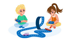 男孩和女孩玩车跟踪在一起向量学龄前儿童孩子们玩电子车跟踪玩具字符孩子们享受汽车比赛与远程控制平卡通插图男孩和女孩玩车跟踪在一起向量