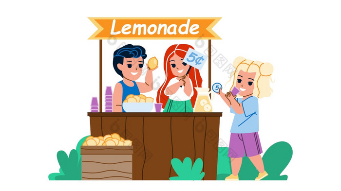 孩子们销售柠檬水喝户外向量男孩和女孩孩子们准备和销售柠檬水美味的和甜蜜的饮料字符小学生和女学生平卡通插图孩子们销售柠檬水喝户外向量