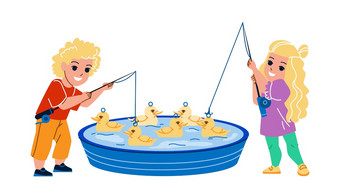 鸭钓鱼小男孩和女孩池向量学龄前儿童孩子们玩具鸭钓鱼与杆盆地字符享受娱乐公园公平吸引力平卡通插图鸭钓鱼小男孩和女孩池向量