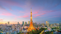 全景视图东京城市天际线和东京塔建筑日本日落