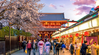 游客购物街浅草连接浅草寺寺庙与樱花树春天东京日本日本信的红色的灯笼意义的的名字小镇附着的寺庙