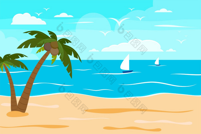 卡通夏天海滩海边自然假期热带海滩海边风景背景向量插图