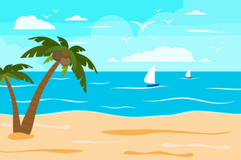 <strong>卡通</strong>夏天海滩海边自然假期热带海滩海边<strong>风景背景</strong>向量插图