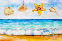 水彩海景绘画色彩斑斓的海海滩波和配件挂海星壳牌和情感夏天假期的早....明亮的自然美季节画插图复制空间