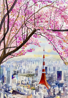 完整的布鲁姆樱花花樱桃花朵和东京塔具有里程碑意义的日本亚洲业务概念为旅行水彩绘画景观色彩斑斓的旅游城市与日出背景