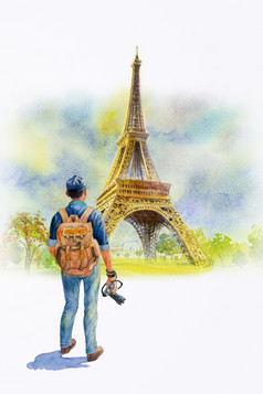 巴黎欧洲城市景观法国埃菲尔铁塔塔年轻的男人。旅游和背包摄影师与现代数字相机手水彩绘画白色背景手油漆插图