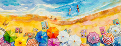 绘画水彩海景前视图色彩斑斓的情人家庭假期和旅游夏天多彩色的伞海波蓝色的背景手画与广告海报插图