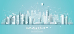 技术无线网络沟通聪明的城市与体系结构沙特阿拉伯市中心摩天大楼蓝色的背景向量插图未来主义的绿色城市和全景视图