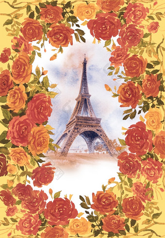 巴黎欧洲城市具有里程碑意义的法国埃菲尔铁塔塔体系结构著名的旅游位置和玫瑰框架古董风格水彩绘画景观插图<strong>旅行海报</strong>象征情人节一天