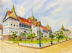皇家大宫曼谷泰国水彩绘画景观访问旅游位置美丽的夏天假期天际线背景手油漆插图具有里程碑意义的亚洲