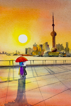 美丽的上海中国苏州河和金融区天际线日落视图从苏州河水彩绘画景观色彩斑斓的《暮光之城》业务城市旅游著名的的世界