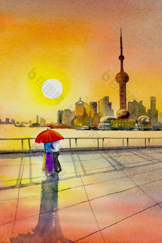 美丽的上海中国苏州河和金融区天际线日落视图从苏州河水彩绘画景观色彩斑斓的《暮光之城》业务城市旅游著名的的世界
