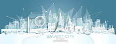 技术无线网络沟通聪明的城市与体系结构巴黎法国欧洲市中心摩天大楼蓝色的背景向量插图未来主义的绿色城市和全景视图